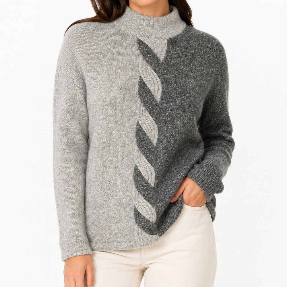 Vintage Segue Sweater Womens Small Gray Colorblock Silk Angora Mock Neck Cottage